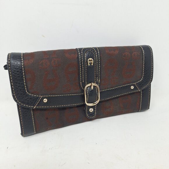 Etienne Aigner Brown Black Leather Signature Jacquard Accordian Snap Wallet - Picture 13 of 13